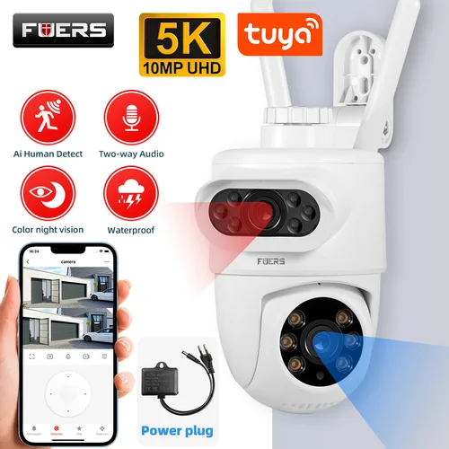 FUERS 5K 10MP Cámara exterior de doble lente Cámara Wi-Fi de seguridad Pan/Tilt 360 °   El seguimiento de movimiento funciona con la aplicación inteligente Alexa Home Tuya