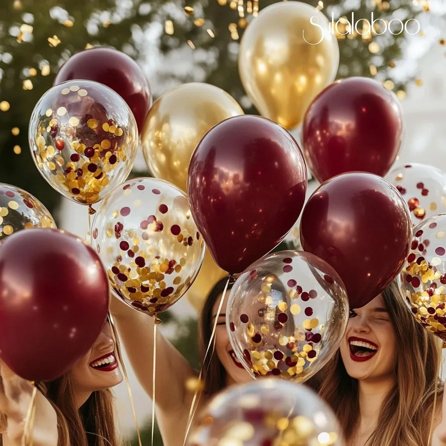 メタリックバーガンディとゴールドのバルーン12インチ73個ゴールドマルーンコンフェッティラテックスバルーン光沢のあるヘリウムバルーンセット誕生日パーティー用