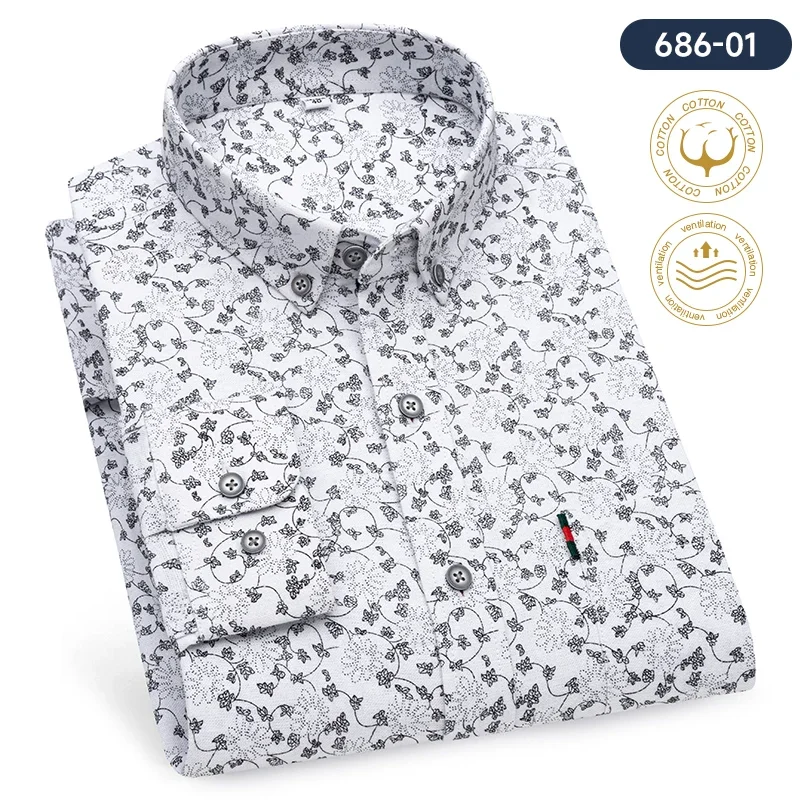 New in Shirt Fashion 100%Cotton Casual Long-Sleeve Shirts for Men Slim Fit Plain Top Print Vintage Elegant Single Pocket Clothes