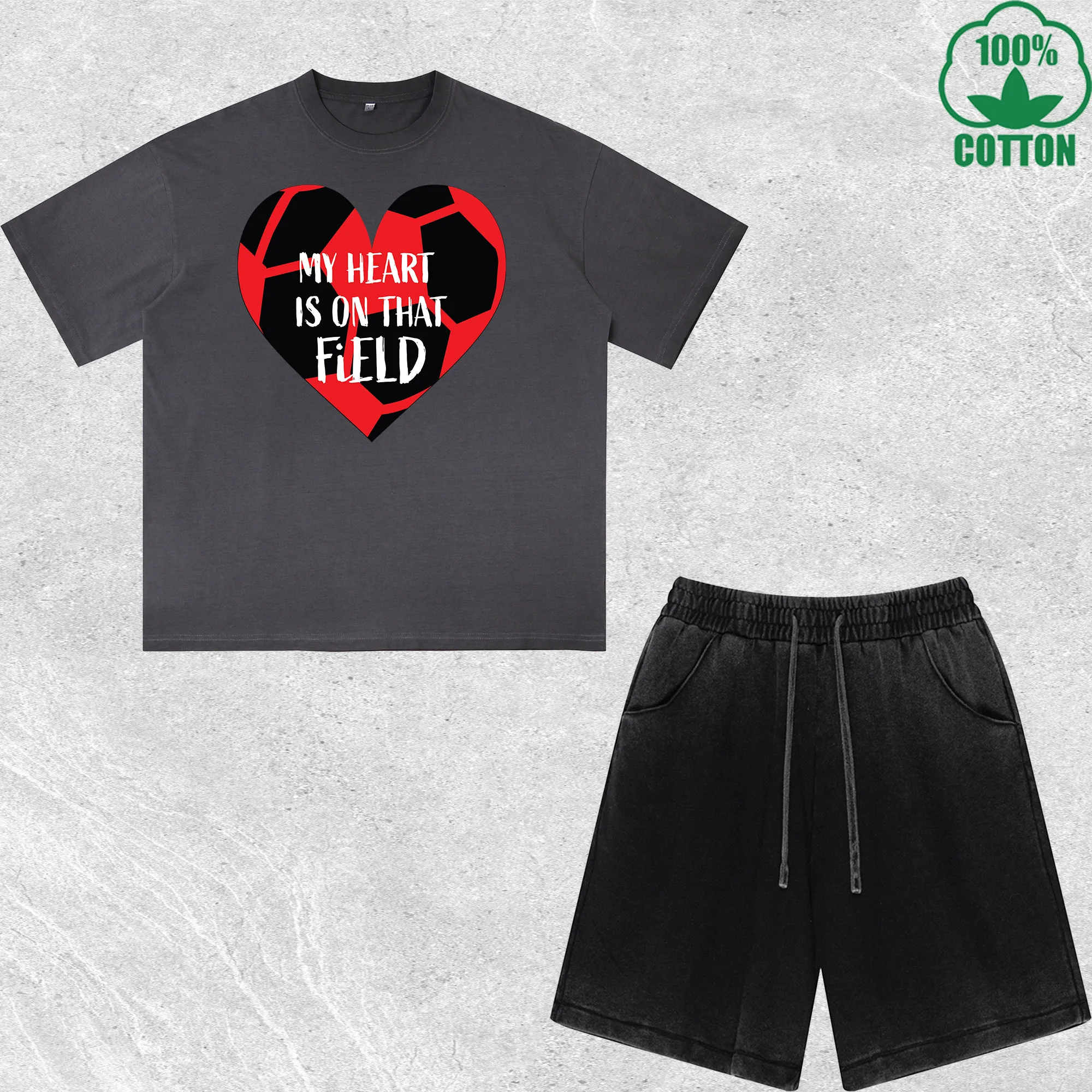 

Love Soccer Printed Dirty Wash T-Shirt Shorts Set Combo Loose Trendy Fashionable 100%Cotton Short Value Pack