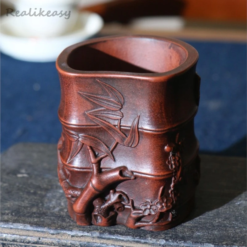 

Новинка 2025 года, фиолетовый глиняный цветочный горшок ручной работы, настольный горшок для бонсай, китайский бамбуковый узор, квадратный сочный цветочный горшок, домашний декор LH396