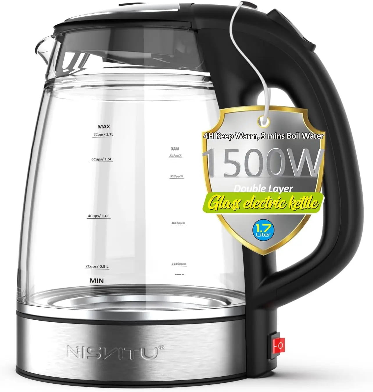 

Cordless Electric Kettle 1500W Fast Boil, Auto Shut-Off & Keep Warm, Glass Inner Stainless Steel, 1.7L