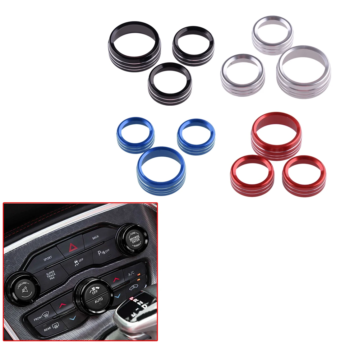 3Pcs AC CD Volume Switch Button Ring Knob Trim fit for Dodge Durango Ram 1500 2500 3500 Challenger Charger Chrysler 300