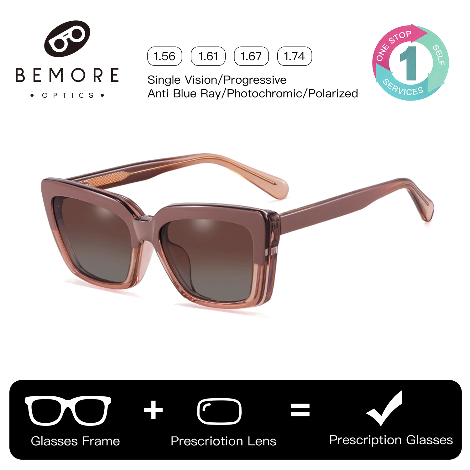 

BEMORE Custom Square Clip on Polarized Sunglasses Ultralight Acetate Blue Light Blocking Multifocal Prescription Eyewear