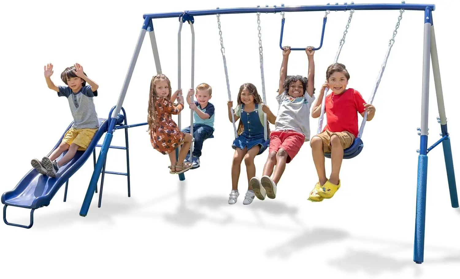 Swing Set - Outdoor Heavy-Duty Metal Playset for Kids with Slide packed with 6 play stations: 2 non-slip adjustable swing