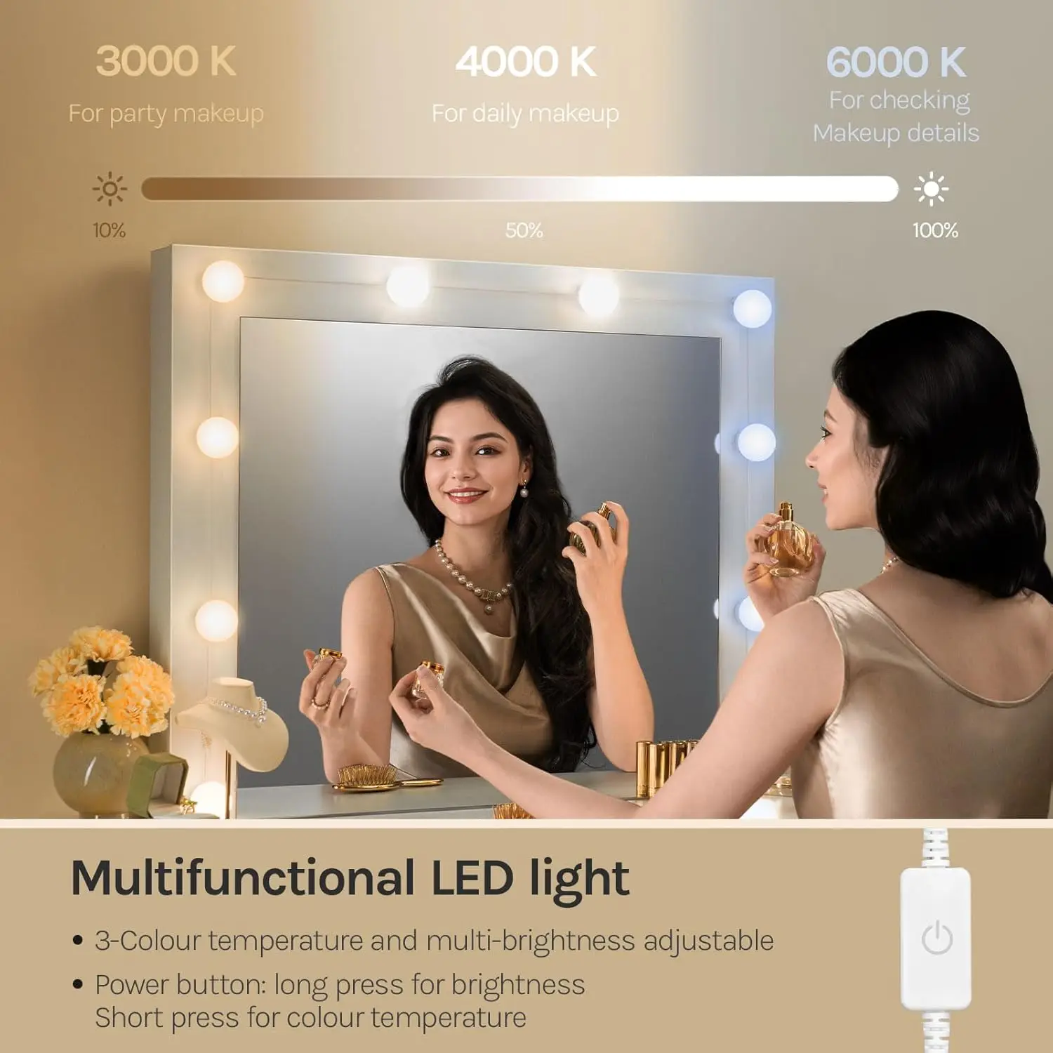 طاولة تزيين WOLTU مع مكتب مكياج بإضاءة LED قابل للتعديل مع 7 أدراج وطاولة زينة بمرآة كبيرة وخزانة غرفة النوم الحديثة