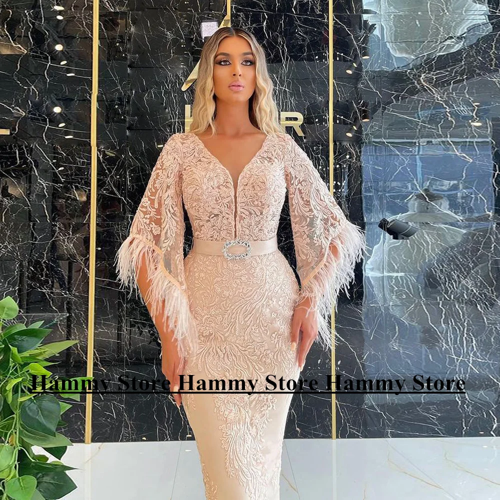 Fashion Champagne Lace Evening Dress Customized Batwing Sleeve Applique Tea Length Cocktail Party Gown Mermaid Prom Dresses