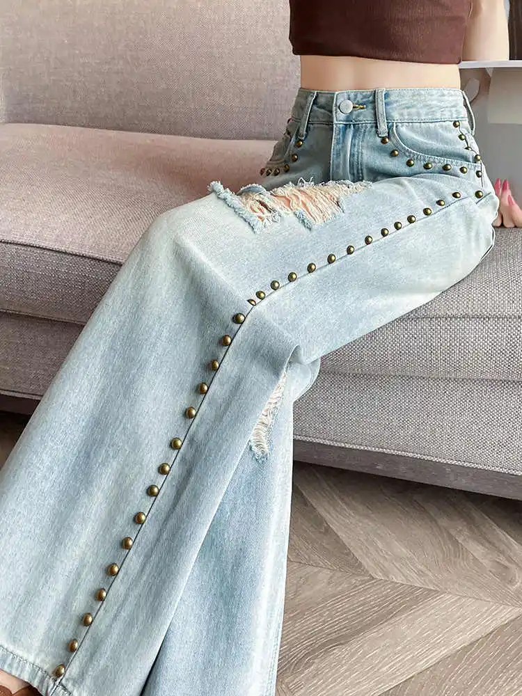 

Retro Ripped Hole Wide Leg Jeans Women Summer Thin High Waist Loose Pants American Personalized Riveted Denim Trousers