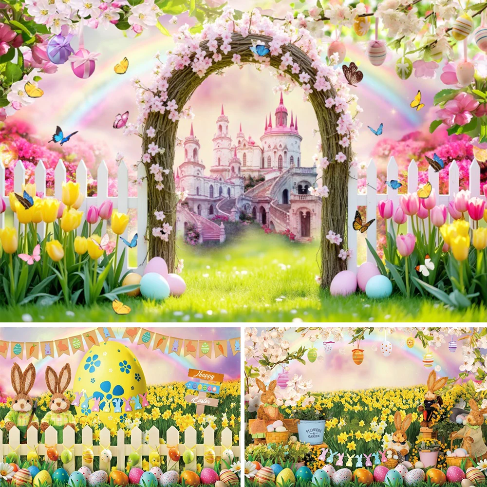 

Spring Easter Photography Backdrop Easter Theme Pink Castle Floral Fence Grass Land Colorful Eggs Background Photo Studio Props