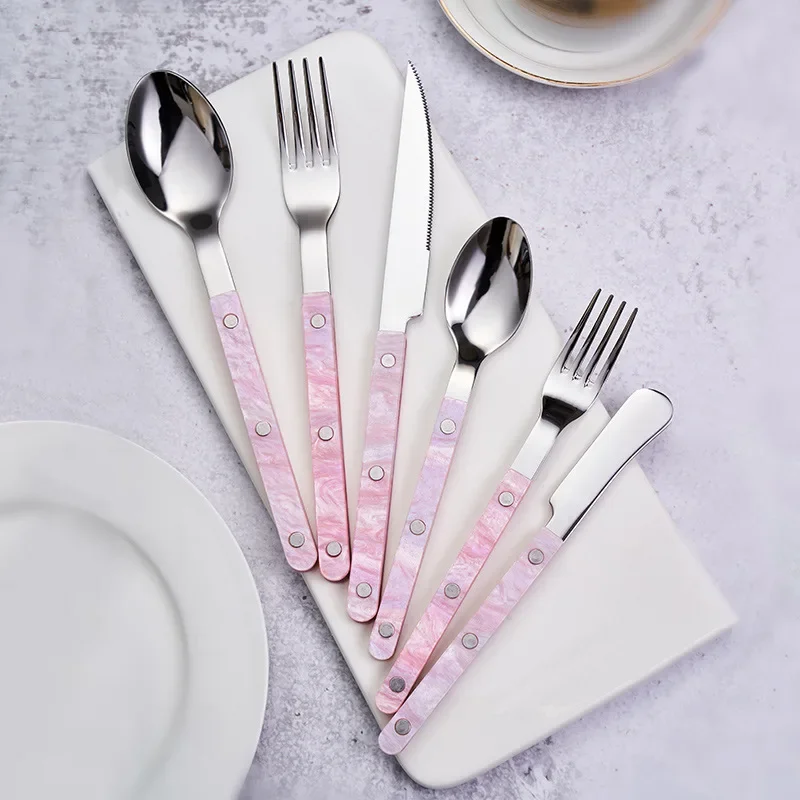 Conjunto completo de faca, garfo e colher rosa em aço inoxidável 304 (conjunto de 6 peças)