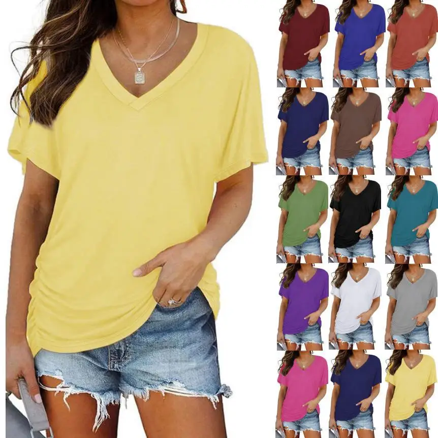 

Top V-neck Solid Color Short-sleeved T-shirt Women's Clothing 2025 Summer European and American Women's Clothing Hot Sale