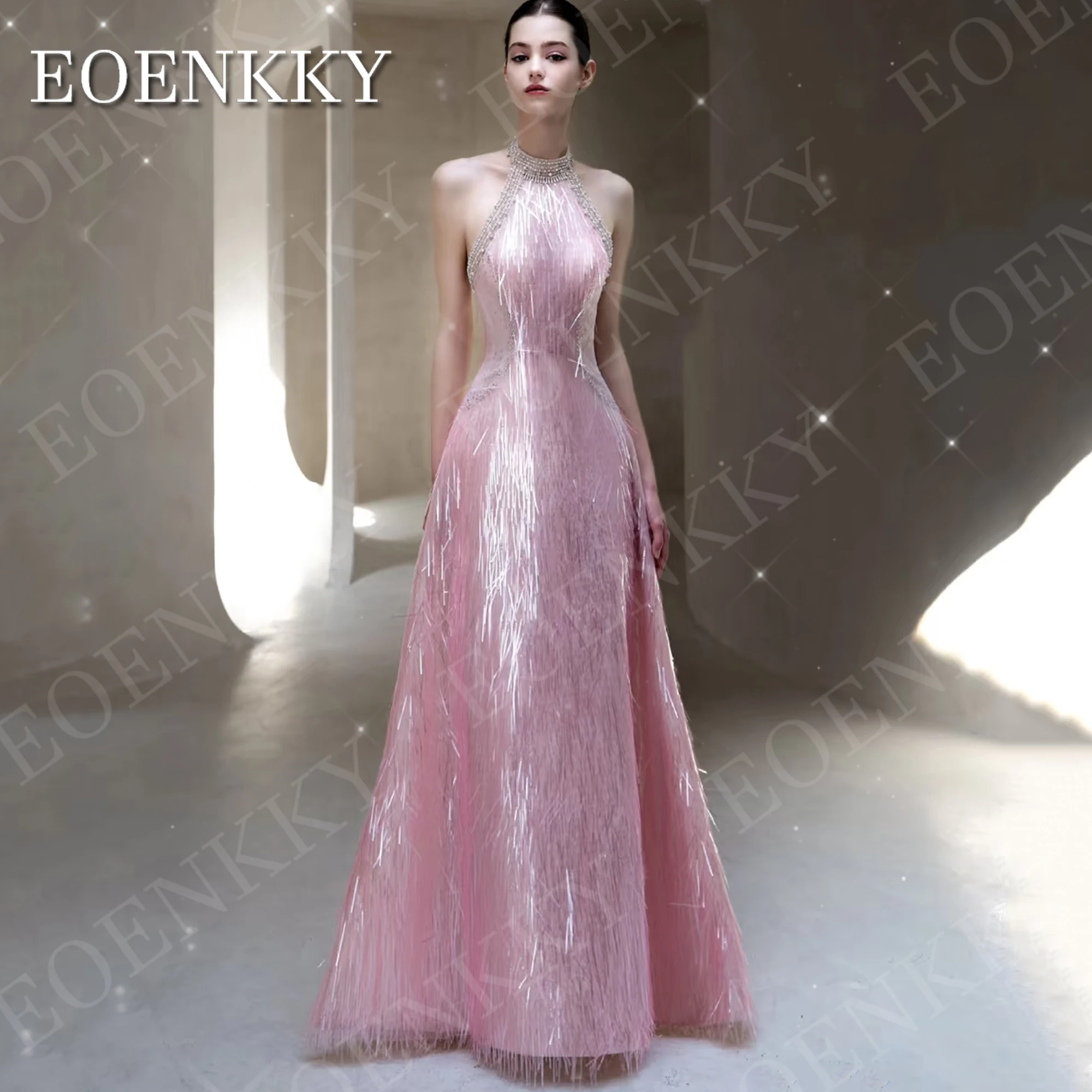 

EOENKKY Halter Prom Dresses 2026 Luxury Woman Sparkly Tassel Backless A Line Party Dress Pink Sleeveless Customized فساتين سهرة