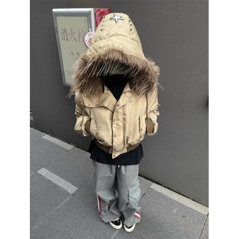 

Корейская модная однотонная уличная хлопковая куртка с меховым воротником в стиле ретро, женская зимняя толстая куртка-пилот, женская одежда