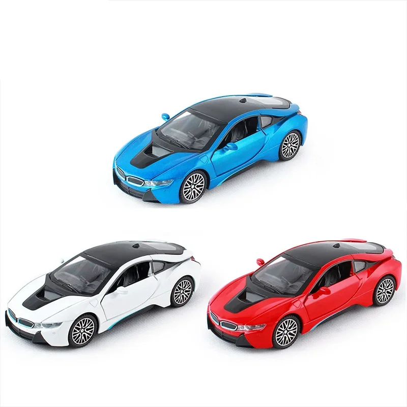 Juguetes modelo de aleación Cool I8 1:32, iluminación simulada y rugido del motor, fuerte fuerza de retorno, exquisitos adornos de escritorio