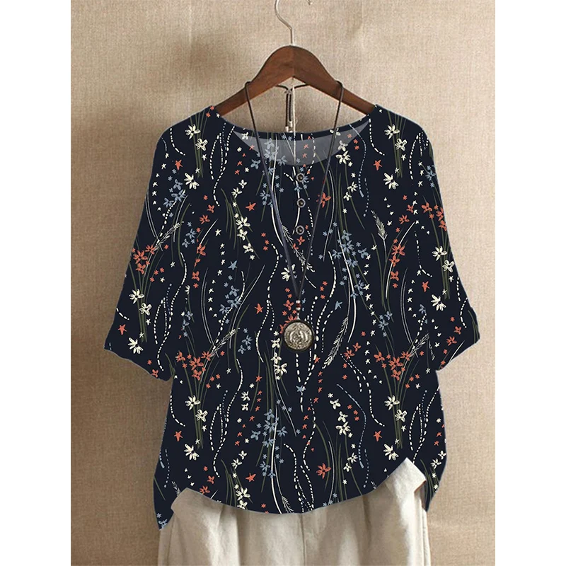 Summer Fashion Literary Vintage Printed Casual Shirt Ladies Half Sleeve Loose All-match Blouse Top Women Pullover Female Clothes