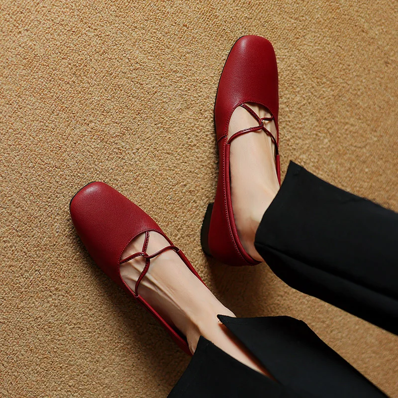 Phoentin cross narrow band soft ballets shoes Women's fashion 1cm low heels flats Genuine leather party pumps wine red FT3584