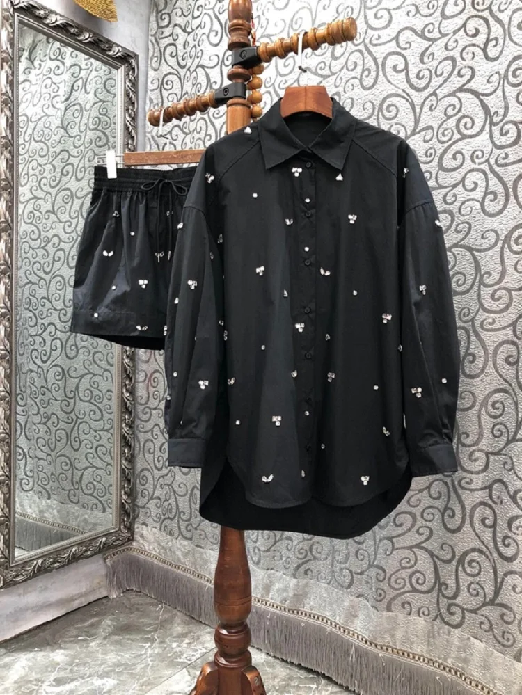 100%Cotton Women's Set 2023 Spring Summer 2 Piece Short Sets Ladies Crystal Beading Long Sleeve Black Shirts+Elastic Waist Short