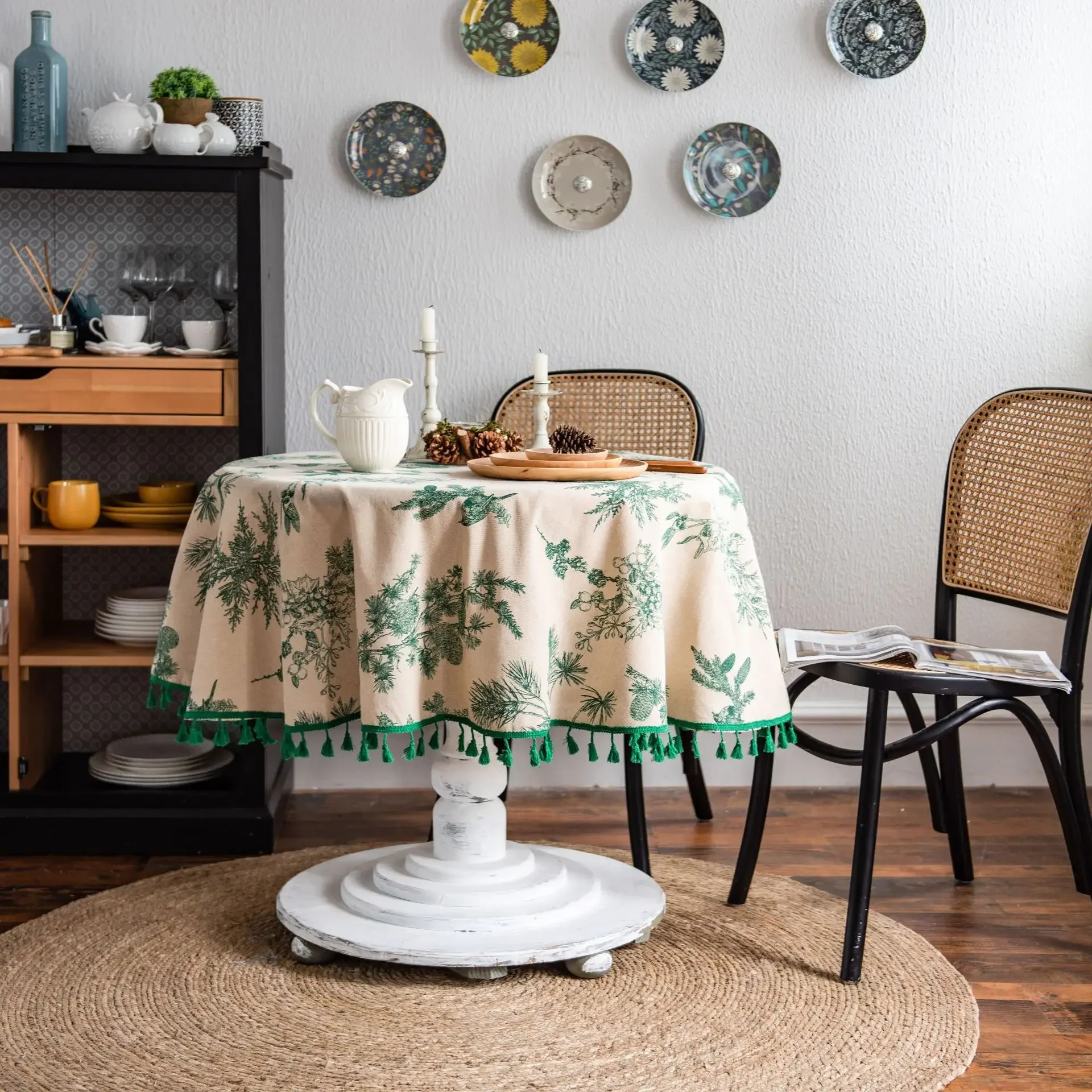 Tablecloth with Green Pine Branch Printing Dining Table Cloth Korean Style Napkins Cotton and Linen Printed Coffee Table Cloth