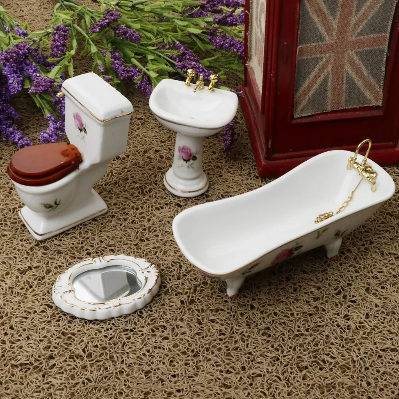 1/12 Dollhouse Mini Furniture Ceramic Bathroom Set Toilet Bathtub Dolls Kids Role Play Toys Gift Dollhouse view 5