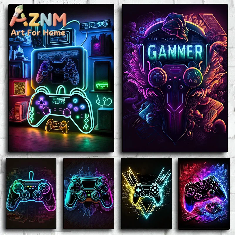Modern Neon Pop Cool Gaming Wall Art Poster Colorful Gamer Controller Poster and Prints for E-sports Room Decor Gift No Lights