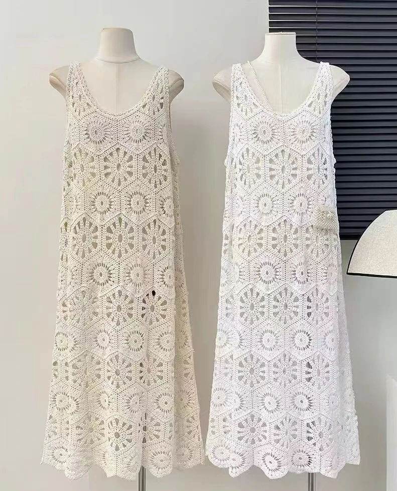 Gehäkeltes Maxikleid für Damen, durchsichtiges Cover-Up, ärmelloses, durchbrochenes Spitzen-Cami-Kleid, Sommer-Boho-Chic-Strandoutfit