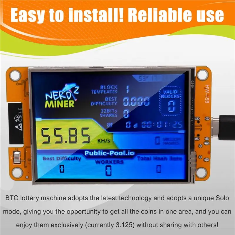 A23F-Nerdminer 2 Miner 55-60KH/S BTC Lottery Solo Miner 2.8 Inch Display Bitcoin BTC Miner Solo Nerd Miner