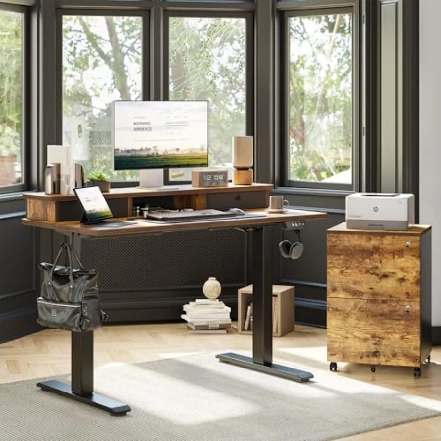 Standing Desk with Two Drawers for Home Office, Steel Frame in Matte Black, Height Adjustable Electric Sit-Stand Function with