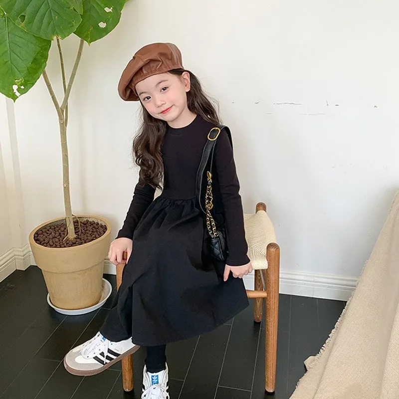 UNITIM Children Girl Long Sleeve Dress Solid 4-14Yrs Kids Girls Skinny Dress Junior Girls Round Collar Teens Girl Princess Dress