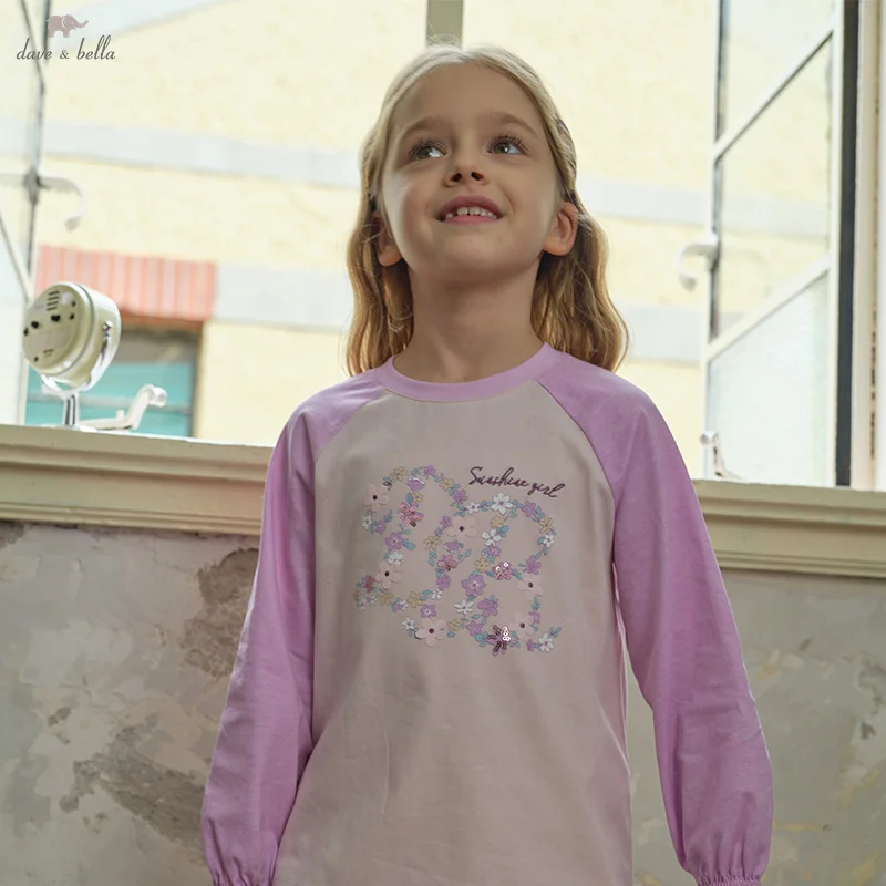 

Dave Bella Children Girls' Long Sleeves T-shirt 2025 Spring Sweet Cute Floral Print Children's Cotton Bottom Shirt DK1250285