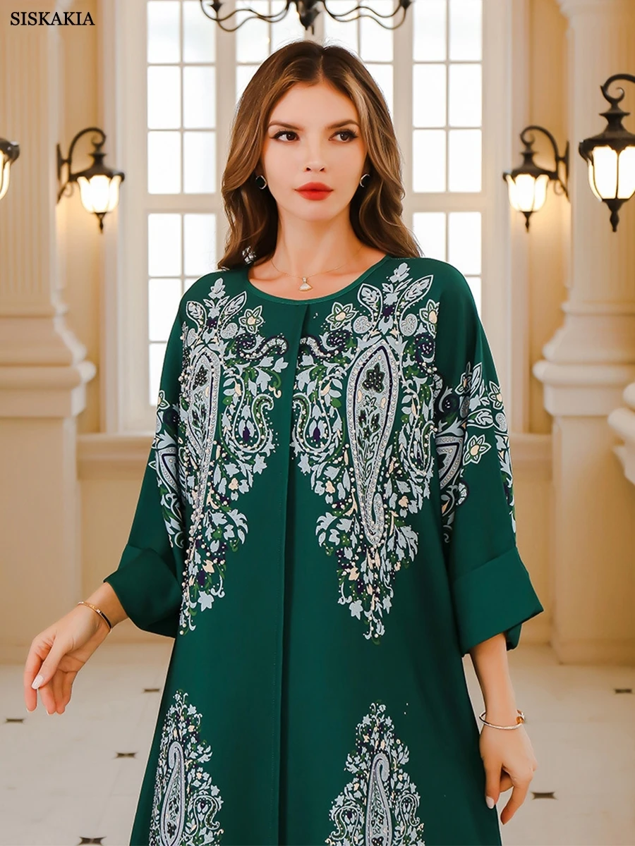 Siskakia Fashion Kaftan Abaya Dubai Islam Muslim Beading and Diamonds Floral Print Crew Neck Long Sleeve Loose Islamic Long Dres