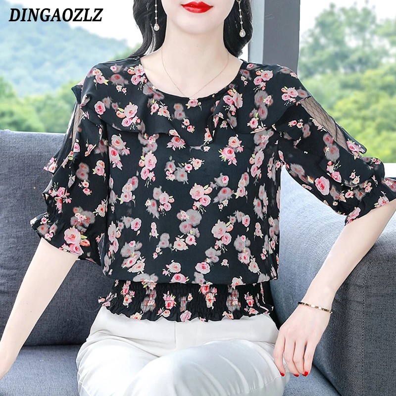 

Women Clothing 2025 Summer Chiffon Blouse Patchwork Floral Printed Shirt Fashion Half Sleeve Casual Ruffles Tops Blusa