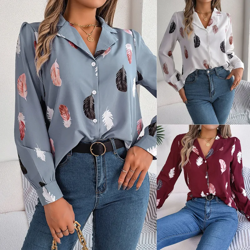 Spring/summer Woman Temperament Feather Print Suit Collar Long Sleeve Shirt Casual Loose Fashion Slimming Ladies Top Suit Shirt