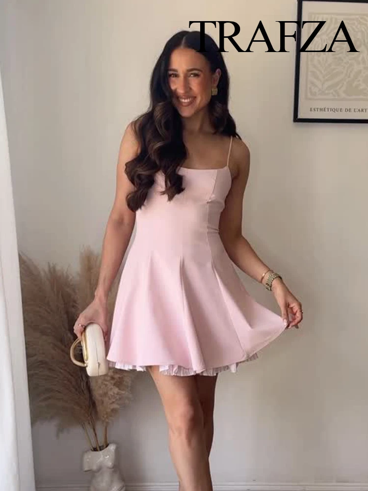 

TRAFZA Women's Summer New Round Neck Pink Striped Short Sling Dress Female Elegant Pleated Sexy Slim Mini Sleeveless Dress Mujer