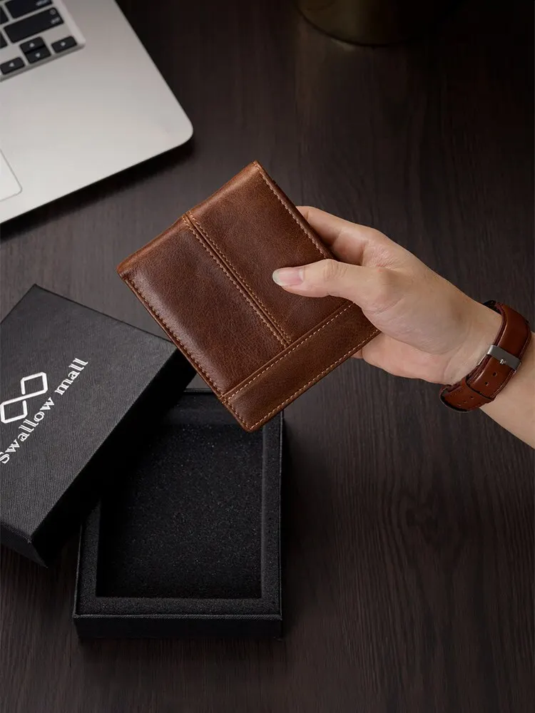 Swallowmall RFID Genuine Leather Bifold Wallets For Men, ID Window 16 Card Holders Gift Box