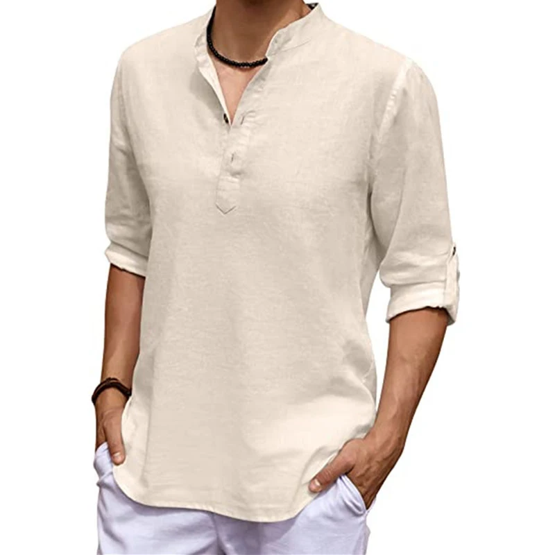 New Men\'s Linen Long Sleeve V-neck T Shirt Solid Color Oversize Casual Shirt Cotton Shirt Plus Size Yoga Button Shirts for Men