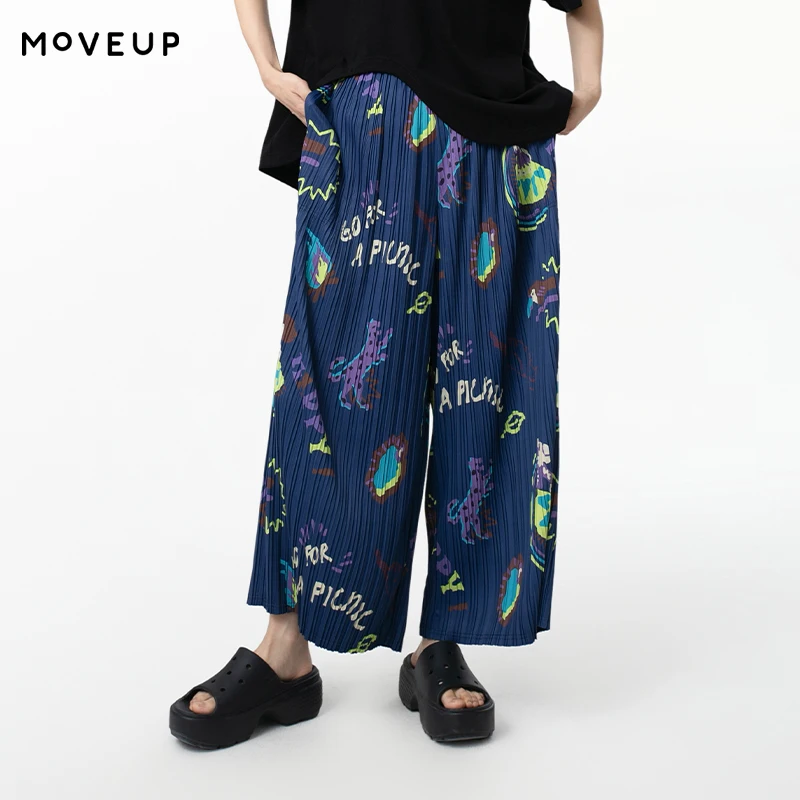 

MOVEUP Loose Straight Pants 2026 Summer New Elastic Waist Contrast Color Fun Print Pleated Casual Trousers For Women 325210109