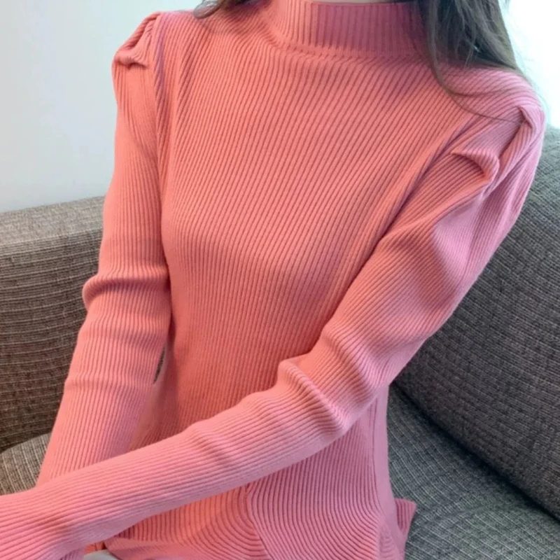 New Hemline Ruffle Edge Sweater Knitted Sweater Women's Bubble Sleeves Irregular Base Shirt Inner Top