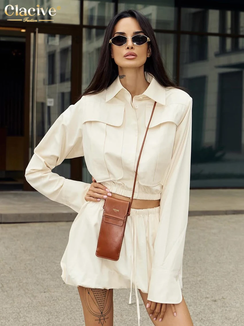 

Clacive Fashion Loose Beige Cotton 2 Pieces Set For Woman 2025 Elegant Long Sleeve Shirt With High Waist Mini Skirt Set Female