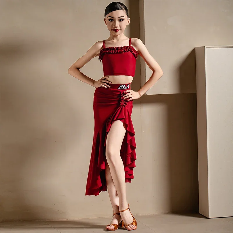

Childrens Latin Dance Outfit Girls' Wine Red Suspender Tops Pleated Long Skirt Set Samba Dance Performance Practice Wear