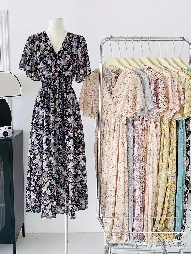 2026 Zomer Vrouwen Ruches Korte mouwen Chiffon Jurk V-hals Hoge Taille Bloemenprint Strand Midi Jurken Backless Sexy Vestidos
