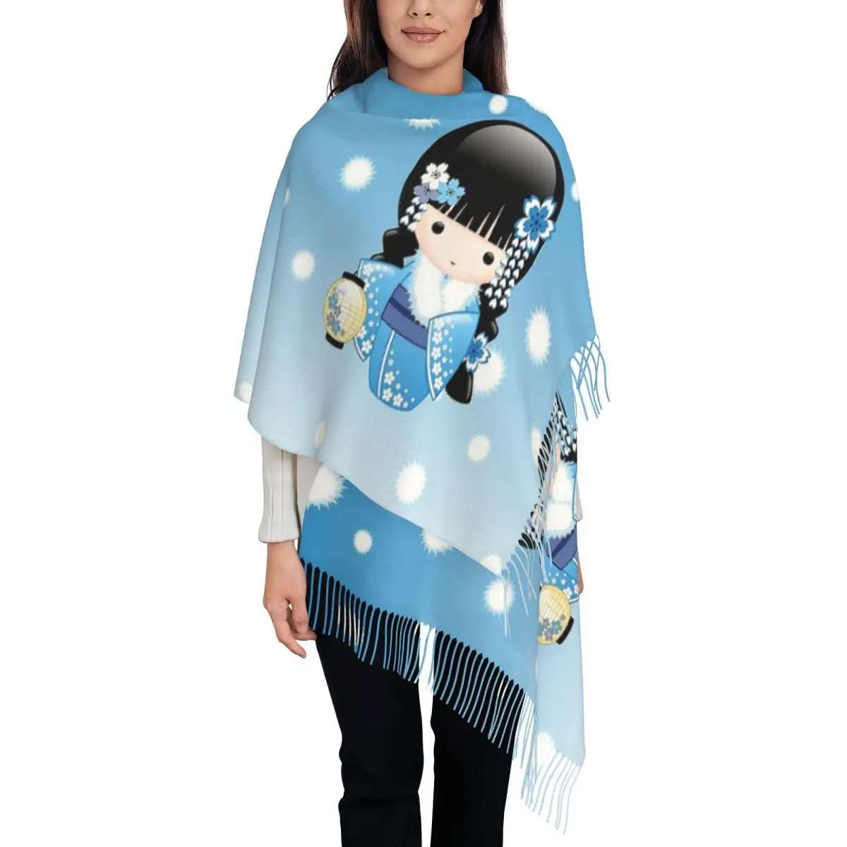 Womens Scarf with Tassel Japanese Winter Kokeshi Doll Long Soft Warm Shawl and Wrap Gifts Pashmina Scarves