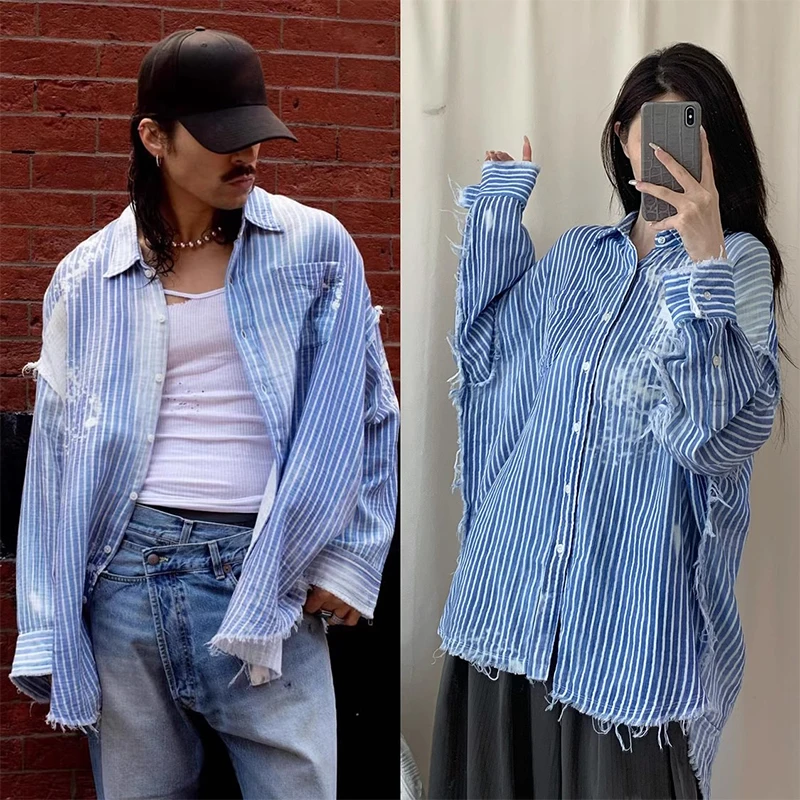 NIGO LP Men's Women's Blue And White Clashing Stripe Lapel Casual Loose Cotton Long Sleeve Shirt #nigo61323