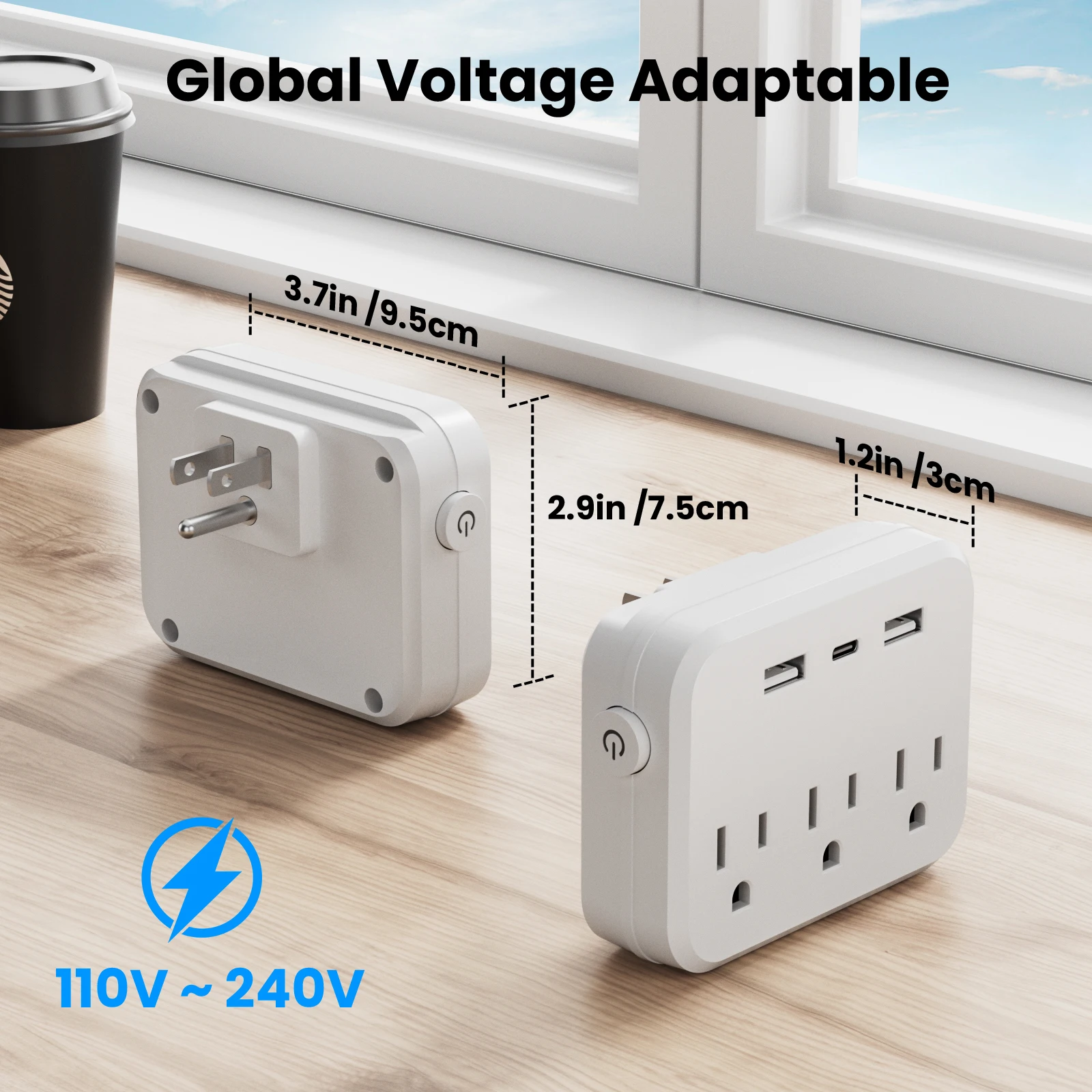 US Switch with surge protector Mini Portable Power socket 6-in-1 Multifunctional 3 sockets 2 USB ports 1 Type-C white