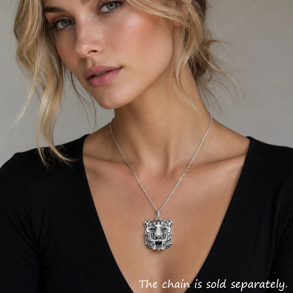 Dreidimensionaler geschwärzter Tiger-Anhänger, brandneuer Punk-Schmuck, Europa, 925er Sterlingsilber, Glücksgeschenk für Damen und Herren – Detail 1