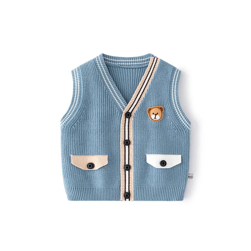 

Toddler Boy Knitwear Spring Autumn Cotton Pit Colorful Striped Baby Boys Waistwear Bear Sticker Kid Boy Sweater 2 Color Options