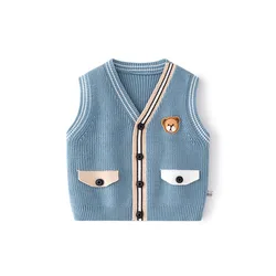 Toddler Boy Knitwear Spring Autumn Cotton Pit Colorful Striped  Baby Boys Waistwear Bear Sticker Kid Boy Sweater 2 Color Options