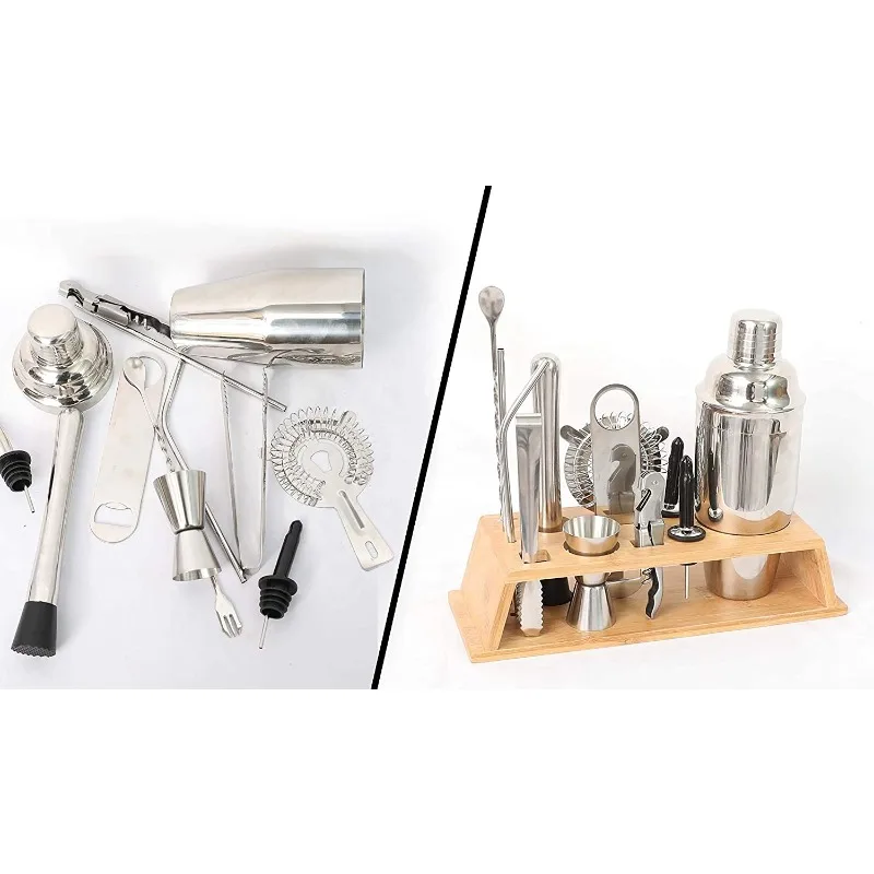 Premium Complete Home Bar Tool Set, 14Pcs Stainless Steel Cocktail Shaker Bartender Accessories With Dust Cover Bamboo Stand