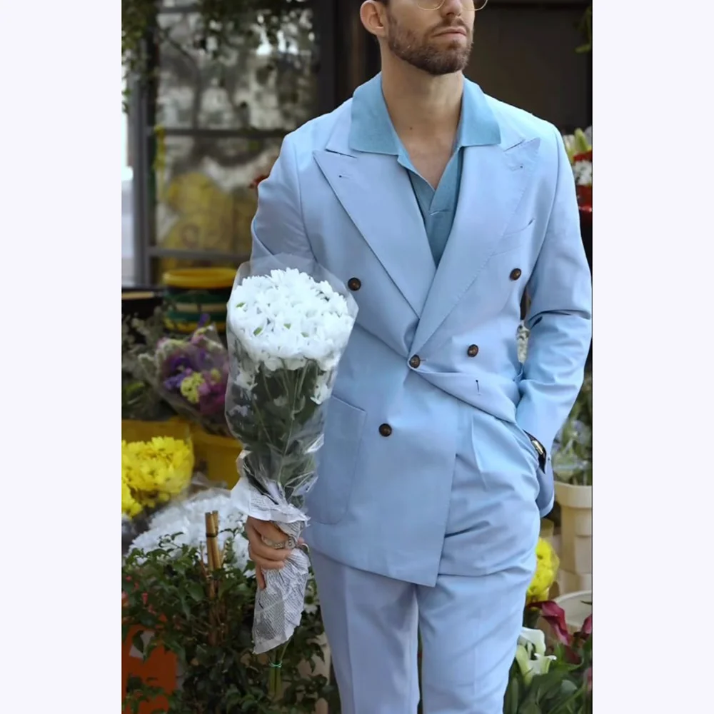 

Sky Blue Men's Suits England Style Doubl Breasted Peak Lapel Casual Suit Two Piece Slim Fit Banquet Business Party Smart Outfits