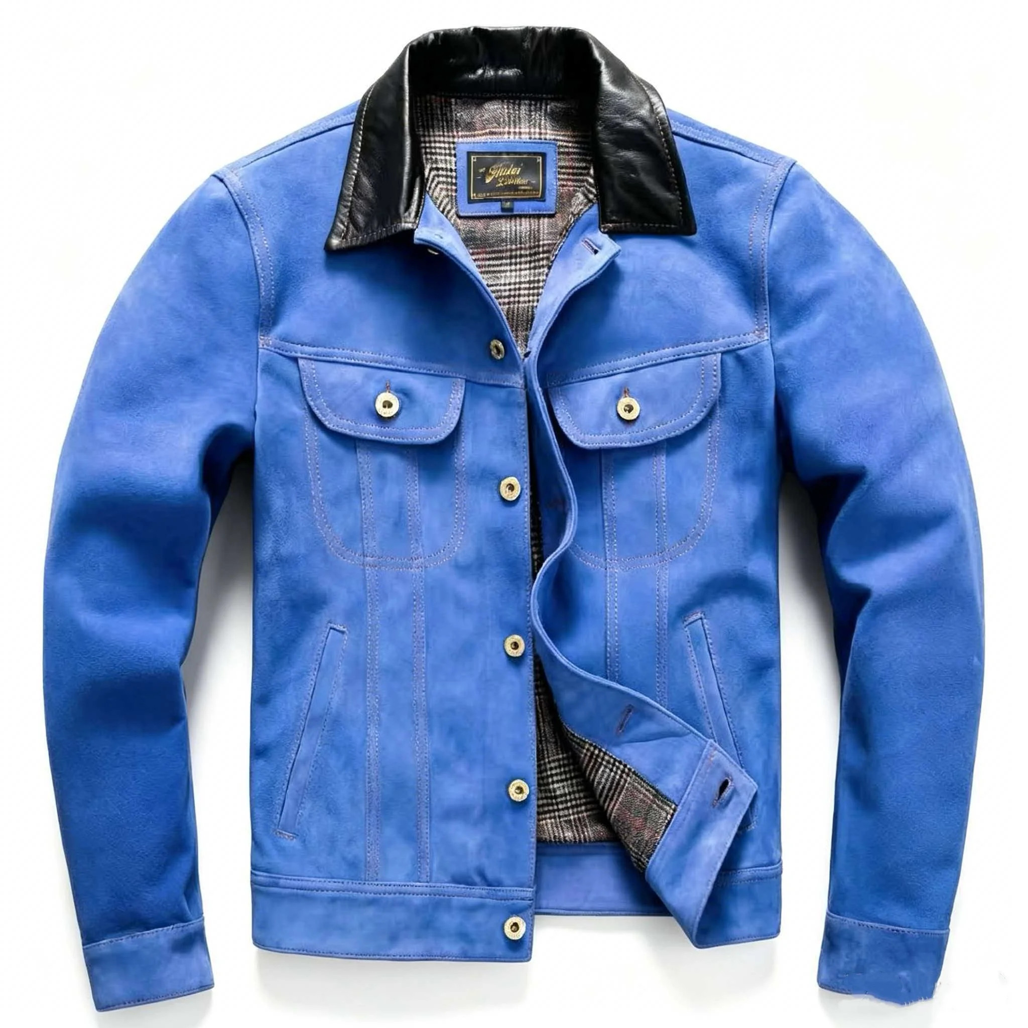 Blue Autumn Leather Jacket Men Retro Style Plus Size 5XL Genuine Natural Sheepskin Turn-Down Collar Single Breasted Denim Coat