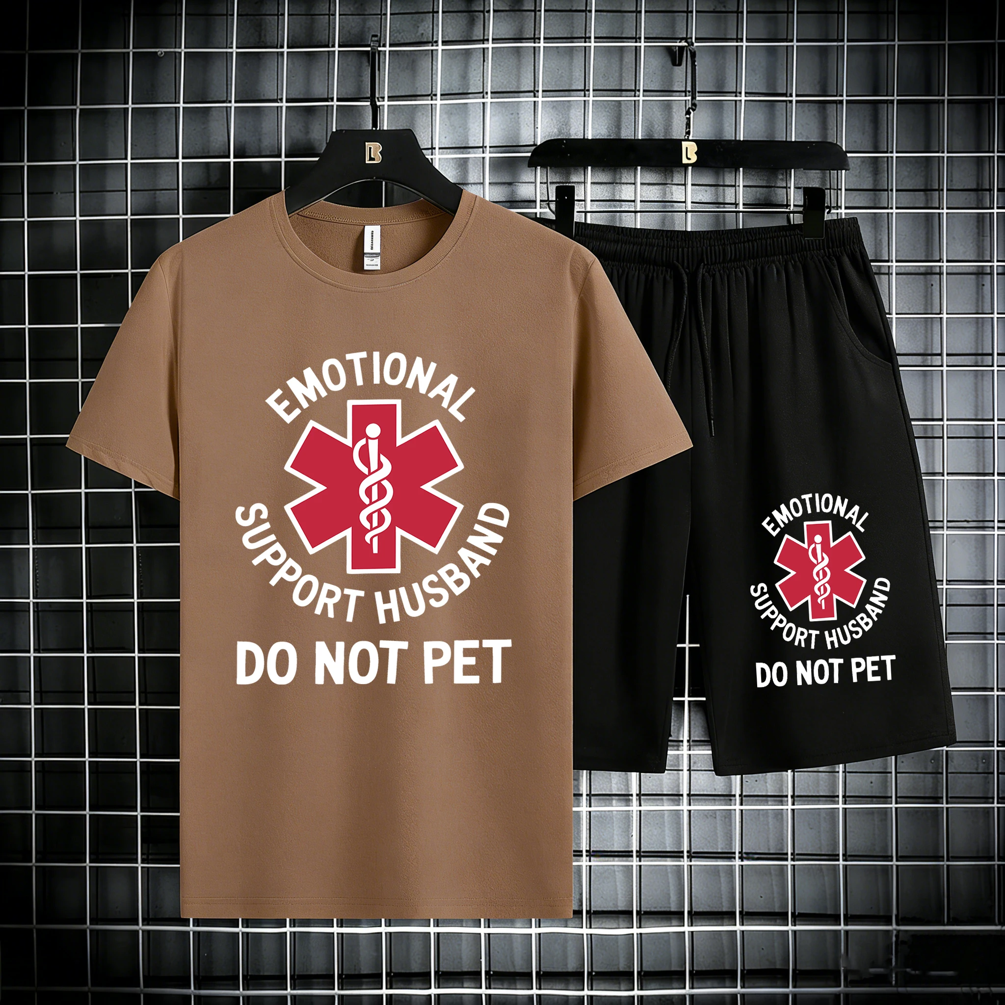 

Emotional Support Husband Do Not Pet Print Man Cotton Summer Loose Tee & Shorts Set Basic Jogging Sportpant Simple Comfy T Shirt